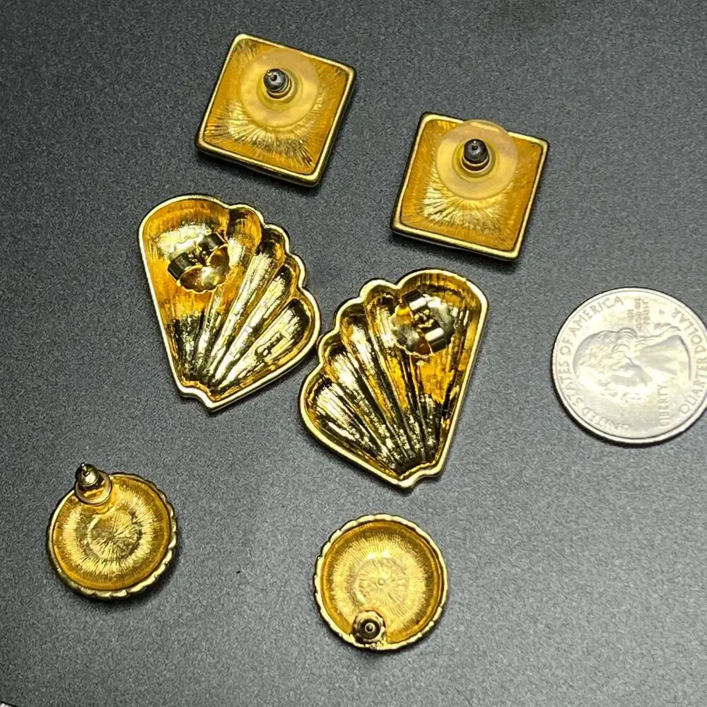 Vintage Lot of 3 Pierced Earrings Monet Tat Gold Tone Mob Wife Statement
